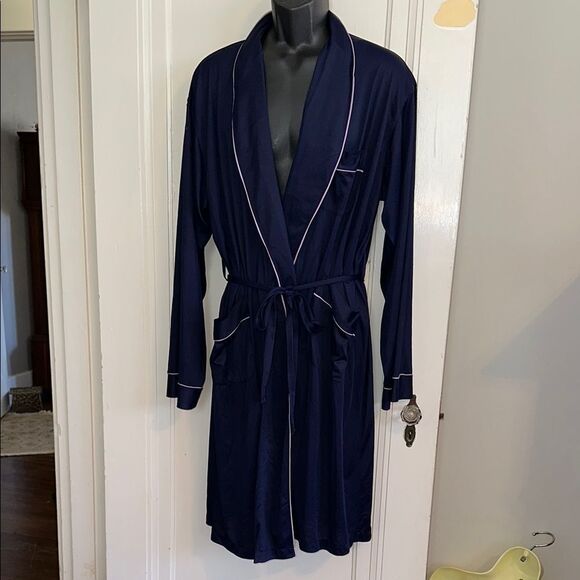 Vintage 60s Paris brand men’s navy blue triacetate/nylon robe with lavender trim - Picture 1 of 10